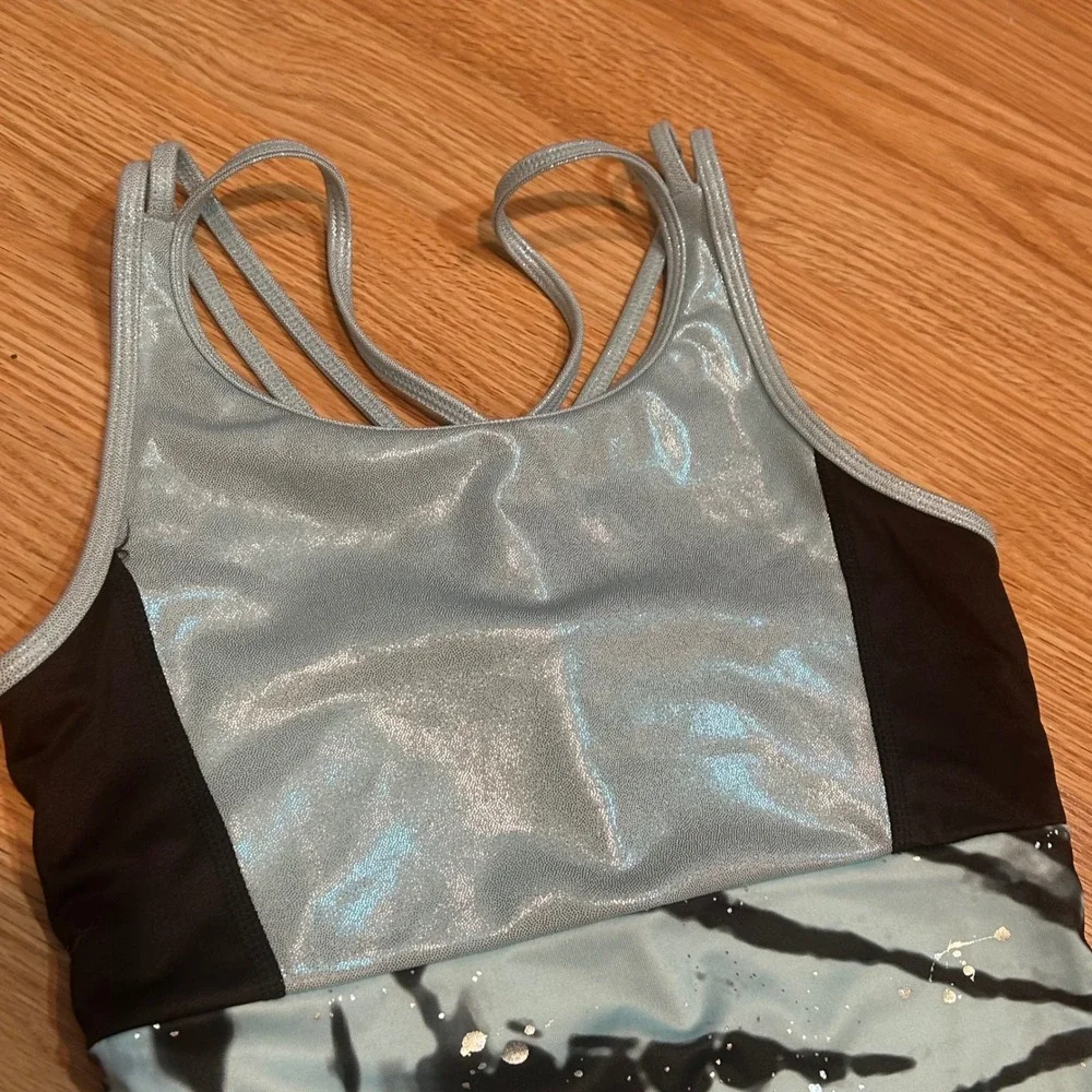 Justice Girls Gymnastics Leotard Blue Tie Dye Metallic Shimmer Large